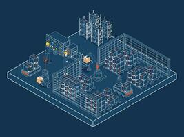 3d isométrica logística almacén trabajo proceso concepto con transporte operación servicio, industrial Internet de cosas y autónomo robot. vector ilustración eps 10