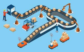 3D isometric Automated Warehouse Robots and Smart warehouse technology Concept with Warehouse Automation System and Autonomous Robot Transportation operation service. Vector illustration EPS 10