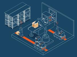 3d isométrica almacén automatización concepto con robot brazo escoge arriba el caja a autónomo robot transporte en almacenes. vector ilustración eps 10