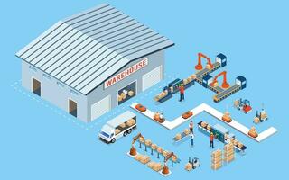 Smart Warehouse Technology and Automated Warehouse Robots Concept with Industry 4.0, Transportation forklift and Autonomous Robot Transportation operation service. Vector illustration EPS 10