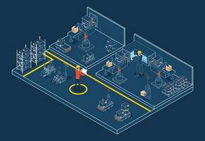 3d isométrica inteligente almacén administración sistema con almacén simulación, logística flexibilidad, robótico proceso automatización y preciso inventario cuenta vector ilustración eps10