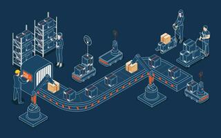 3D isometric Automated warehouse robots and Smart warehouse technology concept with Warehouse Automation System and Autonomous robot transportation in warehouses. Vector illustration EPS 10