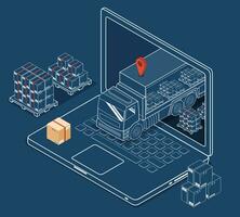 3d isométrica logístico concepto con entrega Rápido por camión en computadora ordenador portátil pantalla con GPS, entrega Servicio en línea. vector ilustración eps 10