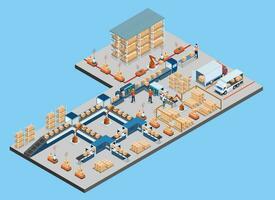 3d isométrica logística almacén trabajo proceso concepto con transporte operación servicio, industrial Internet de cosas y autónomo robot. vector ilustración eps 10