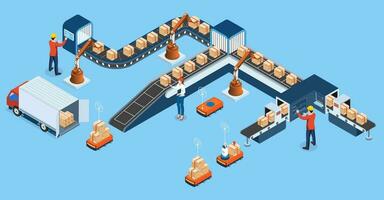 3d isométrica automatizado almacén robots y inteligente almacén tecnología concepto con almacén automatización sistema y autónomo robot transporte operación servicio. vector ilustración eps 10