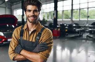 AI generated Auto mechanic smile and man posing,auto mechanic background, copy space photo