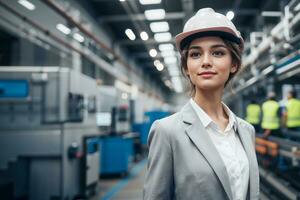 AI generated engineer woman posing, manufacturing background, copy space photo