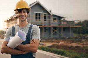 ai generado civil ingeniero sonrisa y posando, debajo construcción casa, Copiar espacio foto