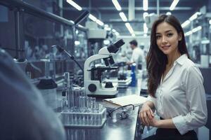 investigador mujer sentado en laboratorio foto