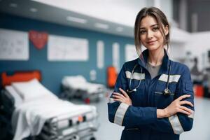 ai generado generado imagen paramédico médico sonrisa y posando en emergencia habitación, copia espacio foto