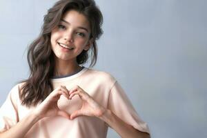 AI generated teenage girl posing hand mini heart, copy space photo