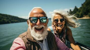 AI generated An elderly couple of tourists is taking a selfie while sailing amidst the beautiful natural scenery. Generative Ai. photo