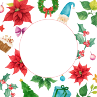 Watercolor christmas pattern with round frame png