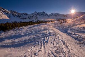 Winter landscape of Hala Gasienicowa Valey Gasienicowa in Tatra mountains in Zakopane,Poland photo