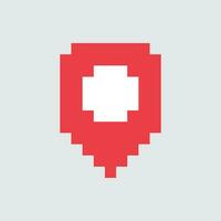a pixelated map marker with a red cross vector