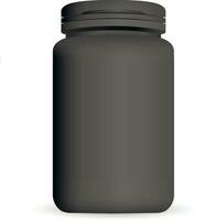 Black plastic bottle with snap hinge push on cap for medicine, tablets, pills. 3d Vector illustration. Realistic packaging mockup template.