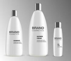 Brand cosmetic bottles ads. Set of high quality vector illustration cosmetics mockup. Packaging for shampoo, shower cream, day care, gel, soap products.