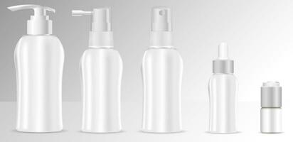 Realistic 3d mock-up of cosmetic package. Vector blank templates set of empty and clean white plastic containers bottles with spray, dispenser and dropper, cream jar.