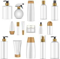 White cosmetics bottle set whith gold top. Realistic 3d mock-up of cosmetics package. Vector illustration of spray, dispenser and dropper, cream jar, shampoo, lotion, soap, toothpaste.