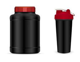 Vector set of sport nutrition container templates with red caps isolated on white background. Realistic black plastic jar, shaker and drink bottles.