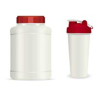 Realistic white plastic jar, shaker and drink bottles. Vector set of sport nutrition container templates with red caps isolated on white background.