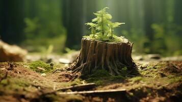 ai generado un joven árbol emergente desde antiguo árbol tocón foto