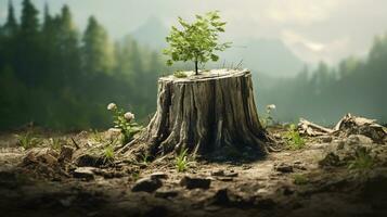 ai generado un joven árbol emergente desde antiguo árbol tocón foto