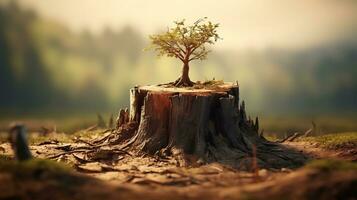 ai generado un joven árbol emergente desde antiguo árbol tocón foto