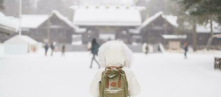 Woman tourist Visiting in Sapporo, Traveler in Sweater looking Hokkaido Shrine with Snow in winter season. landmark and popular for attractions in Hokkaido, Japan. Travel and Vacation concept photo