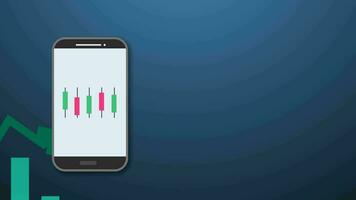 Handel mit Handy, Mobiltelefon Telefon Anwendung. Finanzen Graph Investition Handel Geschäft Lager Austausch mit Handy, Mobiltelefon Telefon, Bar Diagramm. 2d Animation Video Aufnahmen