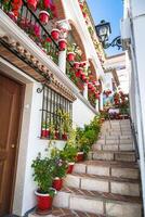 Picturesque street of Mijas with flower pots in facades. Andalusian white village. Costa del Sol. Southern Spain photo