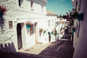 Picturesque street of Mijas with flower pots in facades. Andalusian white village. Costa del Sol. Southern Spain photo