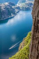 Preikestolen,púlpito rock a Lysefjorden Noruega. un bien conocido turista atracción foto