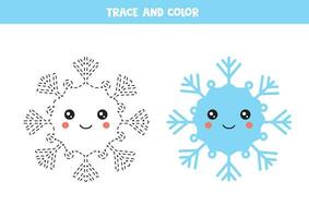 Trace and color cartoon blue smiling snowflake. Worksheet for children. vector