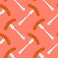 Sausage on a fork seamless pattern on color background. seamless pattern with grilled sausage on fork for kitchen, textiles, wallpaper, clothes and other vector