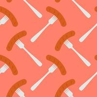 Sausage on a fork seamless pattern on color background. seamless pattern with grilled sausage on fork for kitchen, textiles, wallpaper, clothes and other vector