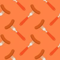 Sausage on a fork seamless pattern on color background. seamless pattern with grilled sausage on fork for kitchen, textiles, wallpaper, clothes and other vector