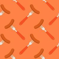 Sausage on a fork seamless pattern on color background. seamless pattern with grilled sausage on fork for kitchen, textiles, wallpaper, clothes and other vector