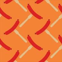 Sausage on a fork seamless pattern on color background. seamless pattern with grilled sausage on fork for kitchen, textiles, wallpaper, clothes and other vector