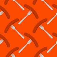Sausage on a fork seamless pattern on color background. seamless pattern with grilled sausage on fork for kitchen, textiles, wallpaper, clothes and other vector