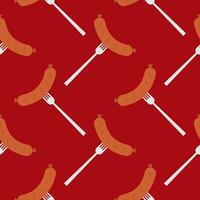 Sausage on a fork seamless pattern on color background. seamless pattern with grilled sausage on fork for kitchen, textiles, wallpaper, clothes and other vector