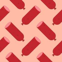 sausage seamless pattern. Background meat product raw smoked sausage stick and slices. Meat delicacy print, vector illustration