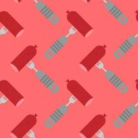 Sausage on a fork seamless pattern on color background. seamless pattern with grilled sausage on fork for kitchen, textiles, wallpaper, clothes and other vector