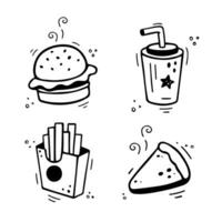 Fast food icons set - burger, French fries, paper cup with drink, pie, cake, tart, cheesecake Hand drawn fast food combo. Comic doodle sketch style. Vector illustration