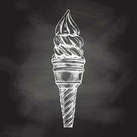 A hand-drawn sketch of a waffle cup with multi - layered frozen yogurt or soft ice cream on chalkboard background. Vintage illustration. Element for the design of labels, packaging. vector