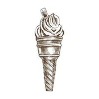 A hand-drawn sketch of a waffle cup with frozen yogurt or ice cream with cookies. Vintage illustration. Element for the design of labels, packaging and postcards. vector