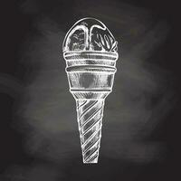 A hand-drawn sketch of a waffle cup with frozen yogurt or ice cream with chocolate sauce on top on chalkboard background. Vintage illustration. Element for the design of labels, packaging. vector