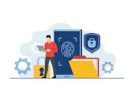 Biometric authentication concept flat illustration, Data and account protection with fingerprint scanner, Personal data protection, Biometric lock concept for landing page, web banner, infographic vector