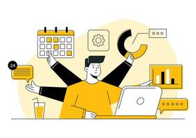 Multitasking business person flat illustration concept, Deadline, Man in office with a lot of work, Employee stressed out on workplace, Multitask activities with many hands at office, time management vector