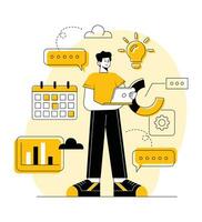 Multitasking businessman doing many tasks at the same time concept vector flat illustration, Time management, Problem-solving, Productivity, Efficiency, Deadline concept